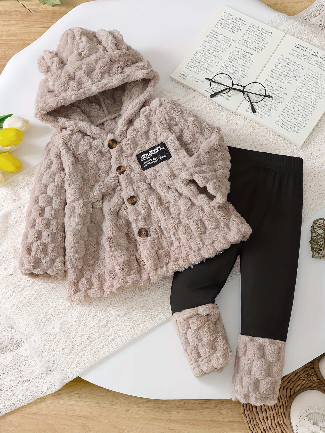 2pc Girls' Jacquard Cardigan & Patchwork Pants Set