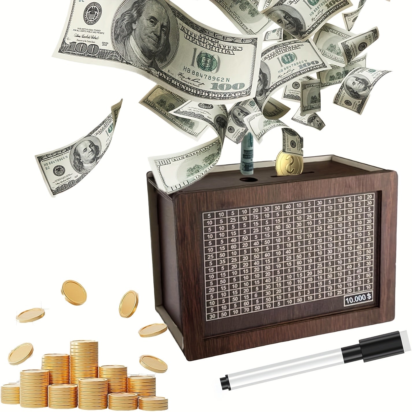 Wooden Savings Box with Money Goal Tracking – Numbered Cash Saver Bank