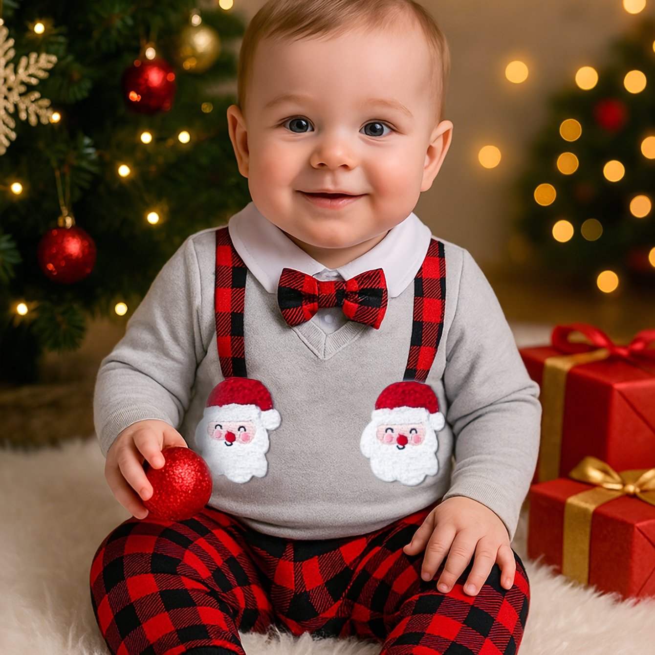2pc Baby Christmas Romper Set with Bow Tie & Plaid