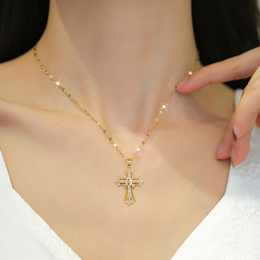 Elegant Large Cross Pendant Necklace with Sparkling Accents (Golden-Tone)