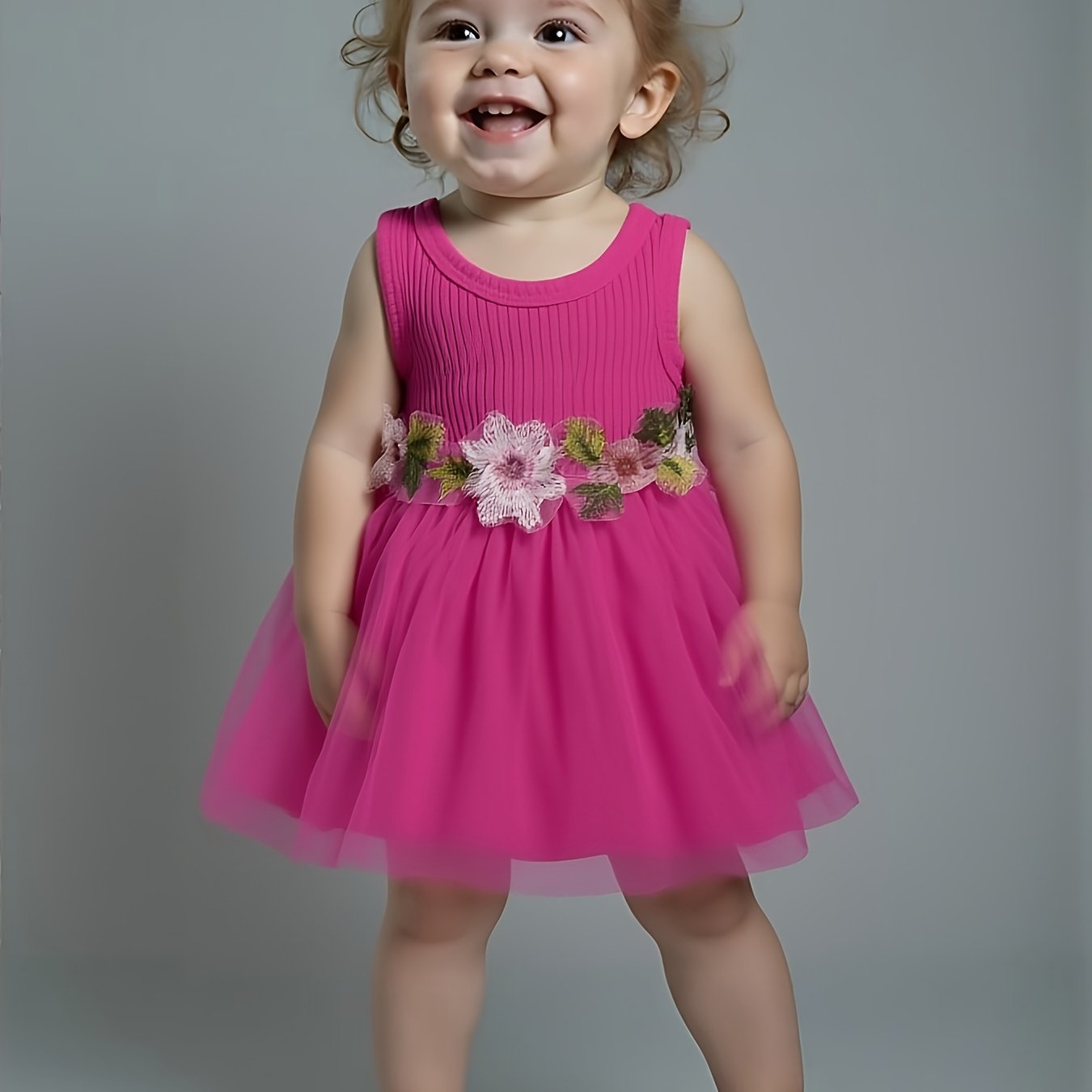 ☀️ Infant & Toddler Girl's Summer Vest Dress: Floral Waist Decor, Round Neck Casual Style