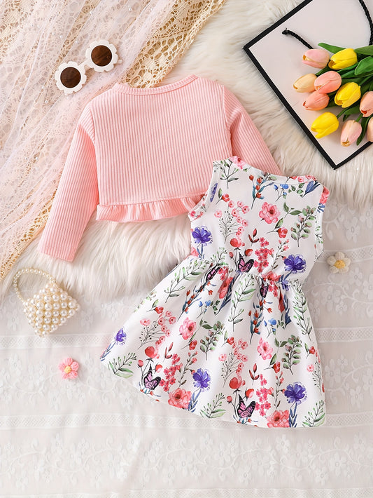 Girls' Elegant Pink Plaid Ruffle Jacket & Butterfly Dress Set