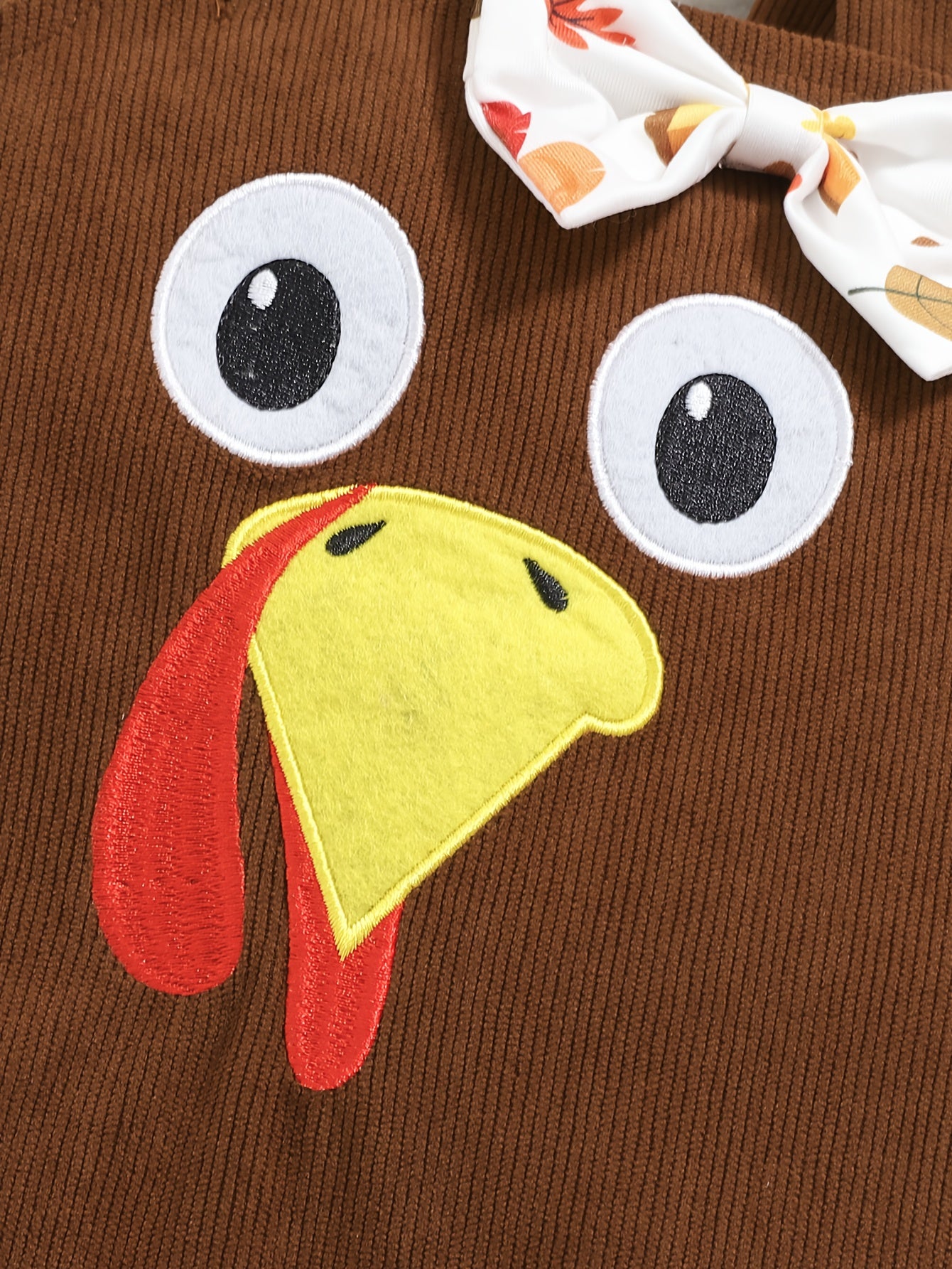 🦃 Baby Girl's 2-Piece Thanksgiving Outfit: Turkey Print Long-Sleeve Crewneck Top & Brown Bowknot Embroidered Pinafore Dress