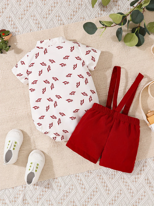 Baby Boy Dino Print Shirt & Suspender Shorts Set (2pc)