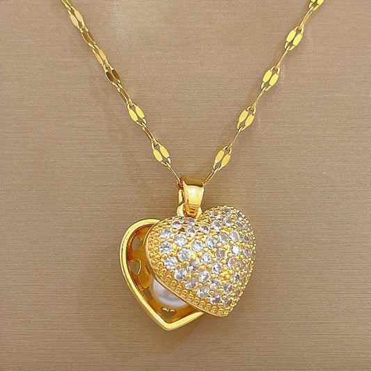 1pc Plated Golden-Toned Heart Locket Necklace - 3A Zirconia Accents, Color-Retaining, Romantic & Sentimental Jewelry