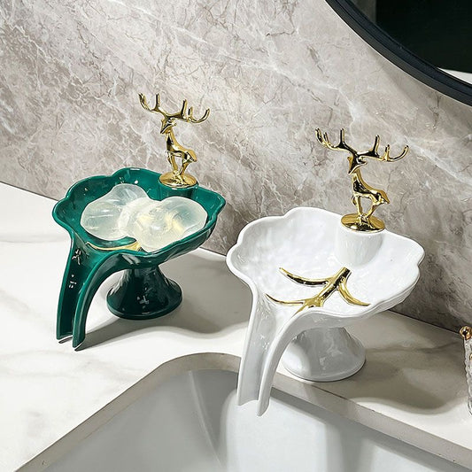 Luxury Antler Soap Dish – Modern Green Marble-Style Self-Draining Holder
