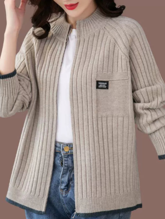 🧶 Women's Light Beige Open-Front Cardigan Sweater with Pockets