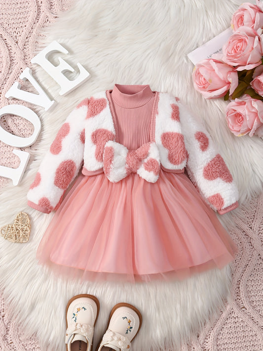 2pc Girls' Pink Striped Bow Mesh Dress & Fleece Jacket Set