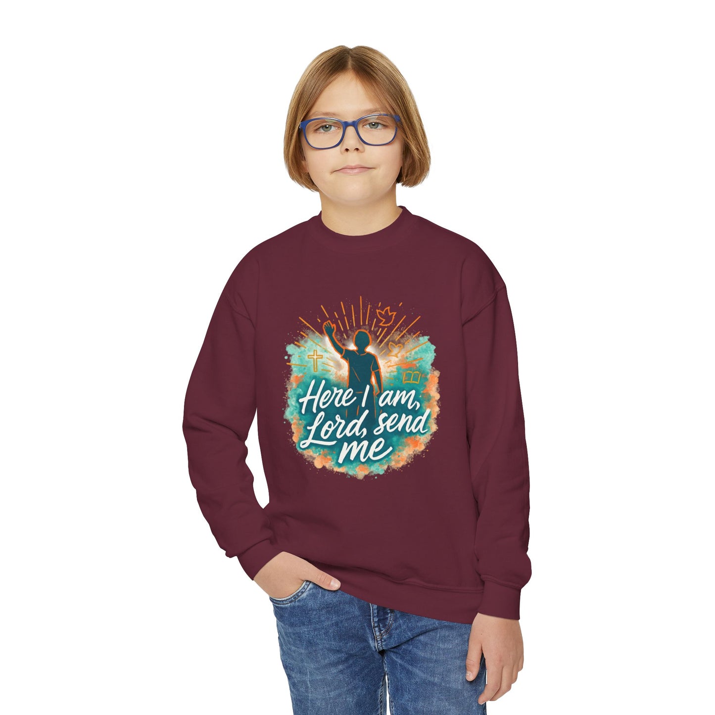 Youth Crewneck Sweatshirt: Here I am Lord Send Me, Christian Apparel, Faith-Based Gift, Religious Youth Wear, Inspirational Sweatshirt