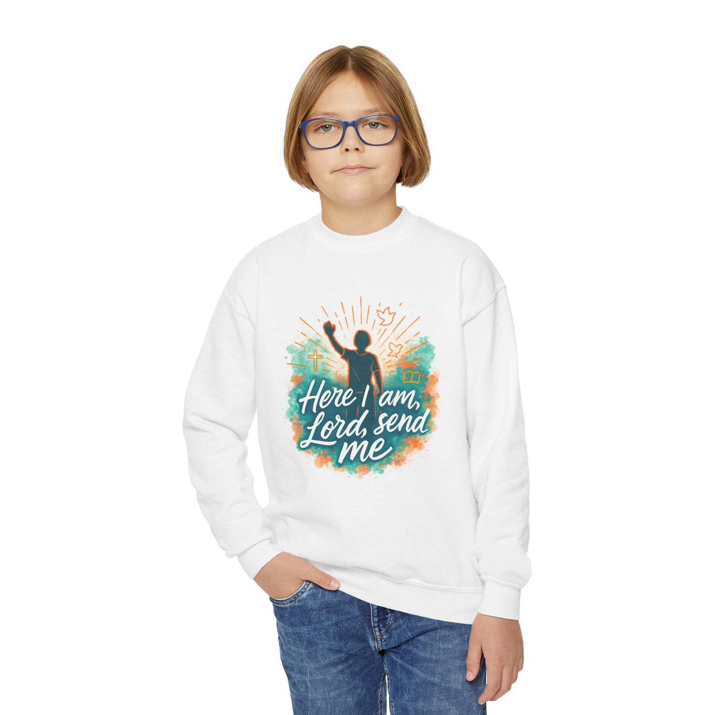 Youth Crewneck Sweatshirt: Here I am Lord Send Me, Christian Apparel, Faith-Based Gift, Religious Youth Wear, Inspirational Sweatshirt