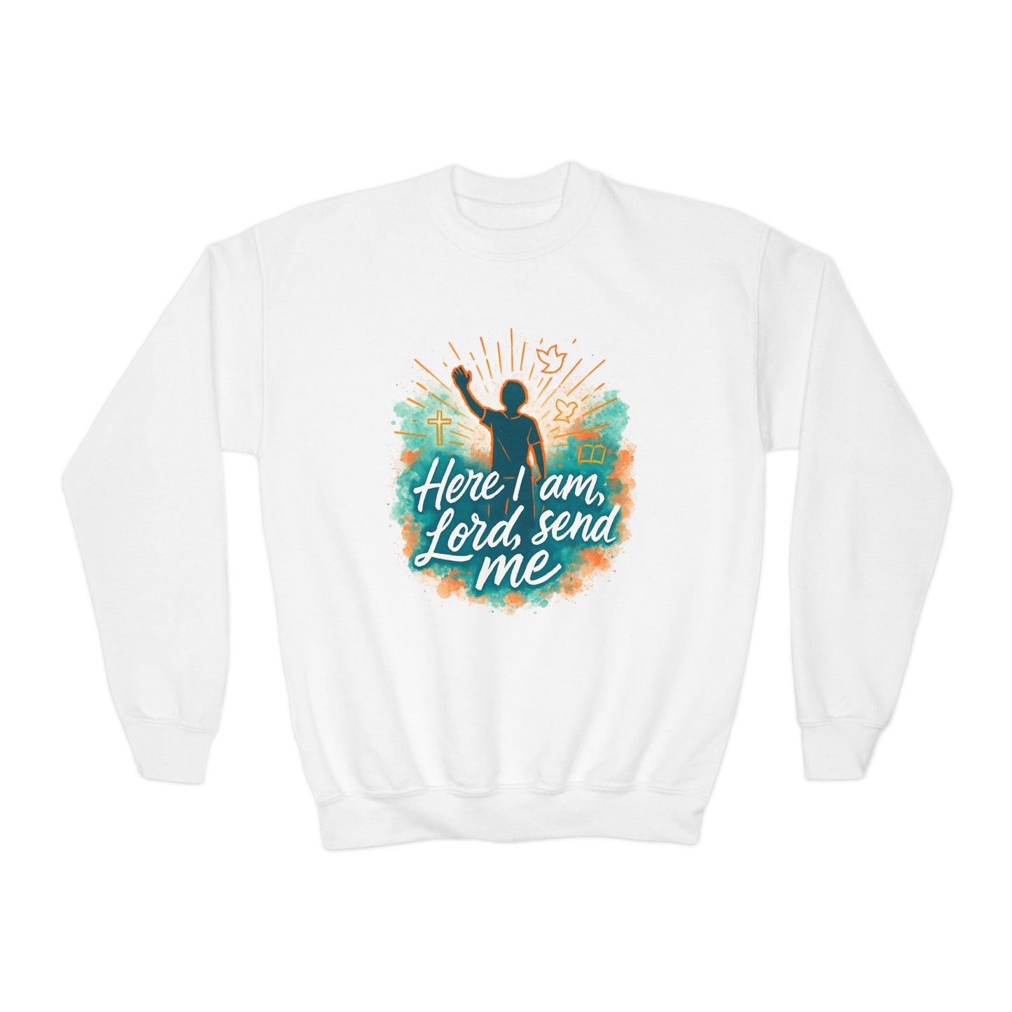Youth Crewneck Sweatshirt: Here I am Lord Send Me, Christian Apparel, Faith-Based Gift, Religious Youth Wear, Inspirational Sweatshirt