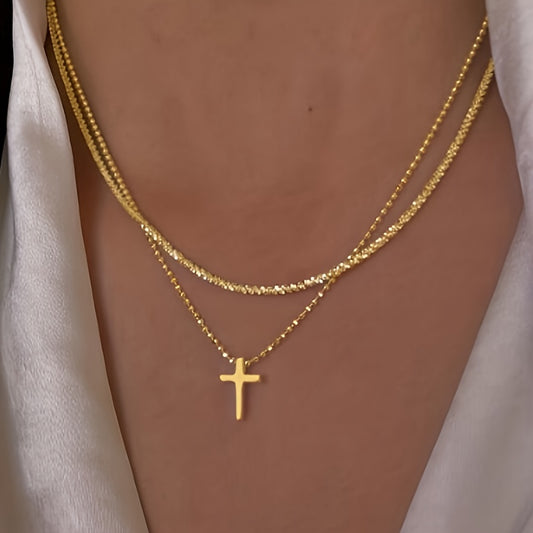 Elegant Stainless Steel Cross Pendant Necklace (Golden-Tone) - Dazzling Cold Light Effect, Lucky Charm Collarbone Chain