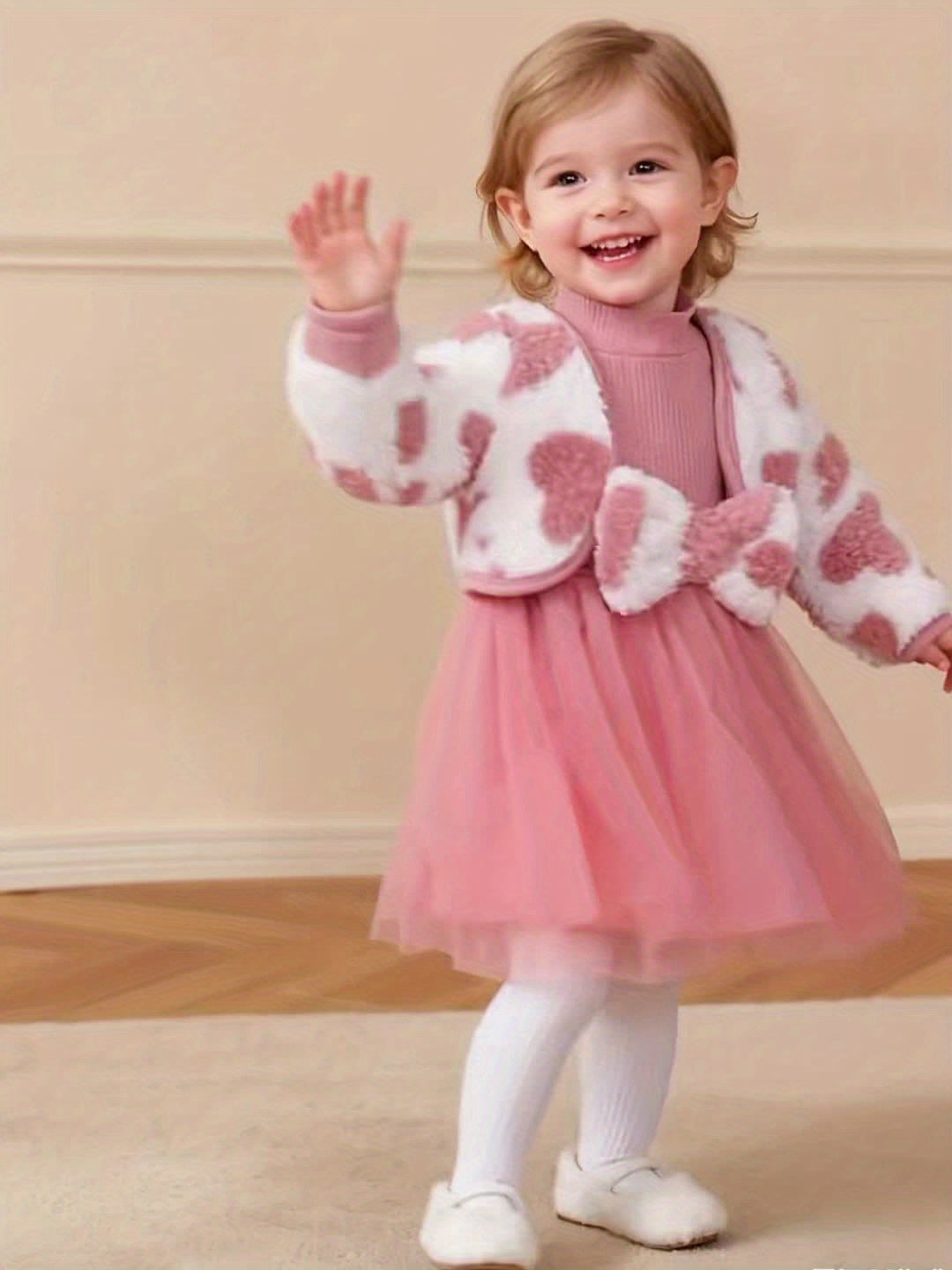 2pc Girls' Pink Striped Bow Mesh Dress & Fleece Jacket Set