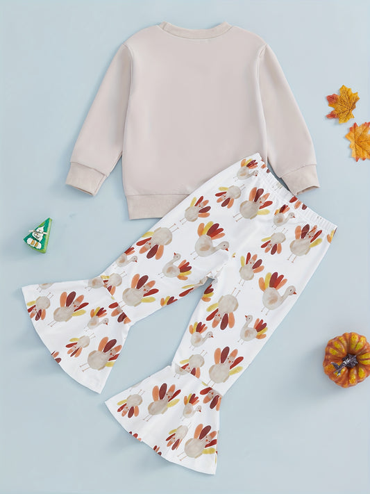 🦃 "Gobble Til You Wobble" Girls' Thanksgiving Outfit: Long Sleeve Turkey Print Sweatshirt & Flare Pants Set - Cozy Fall/Winter Clothes