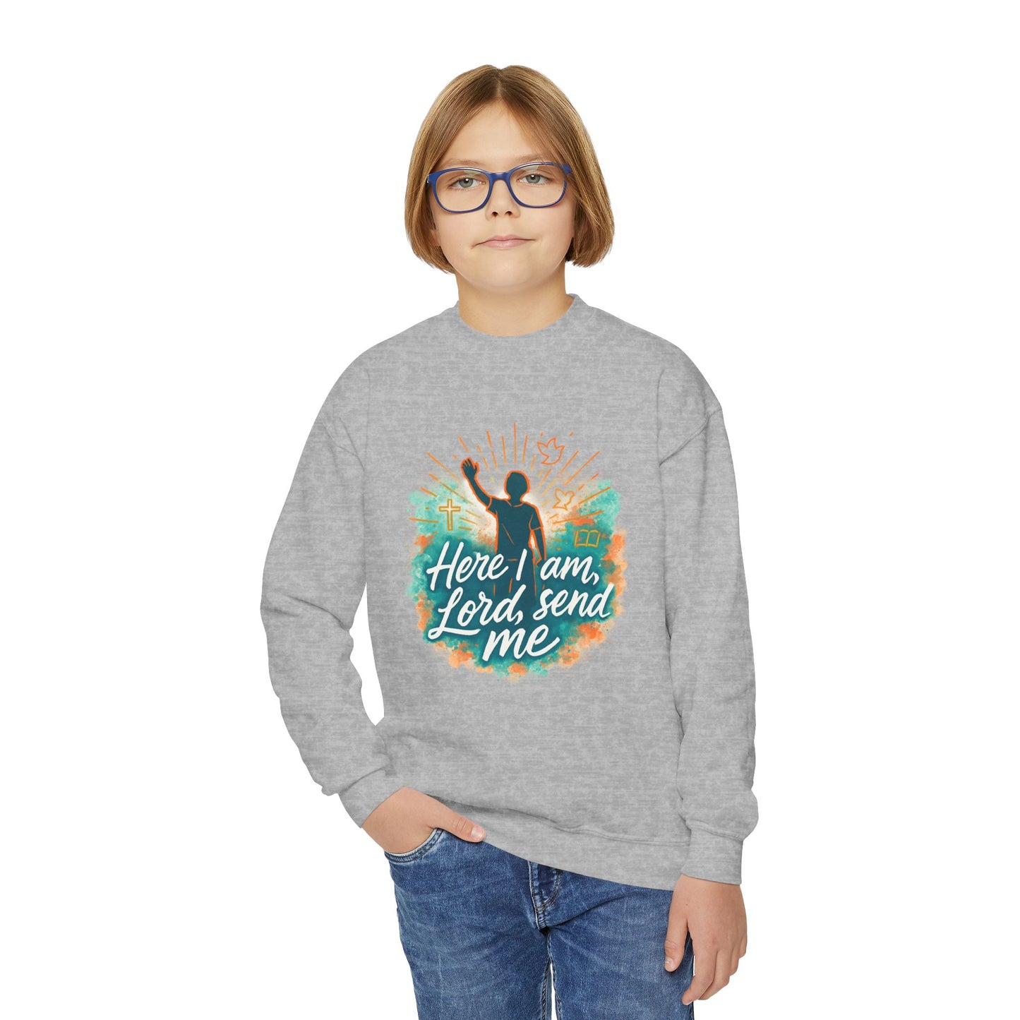 Youth Crewneck Sweatshirt: Here I am Lord Send Me, Christian Apparel, Faith-Based Gift, Religious Youth Wear, Inspirational Sweatshirt