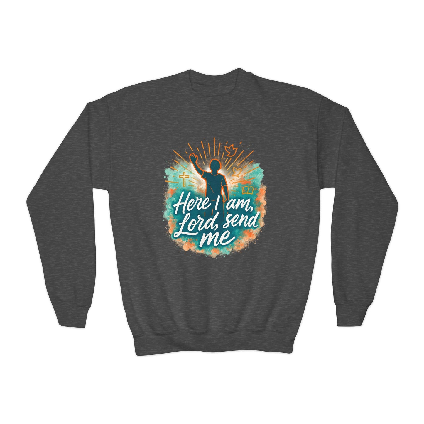 Youth Crewneck Sweatshirt: Here I am Lord Send Me, Christian Apparel, Faith-Based Gift, Religious Youth Wear, Inspirational Sweatshirt