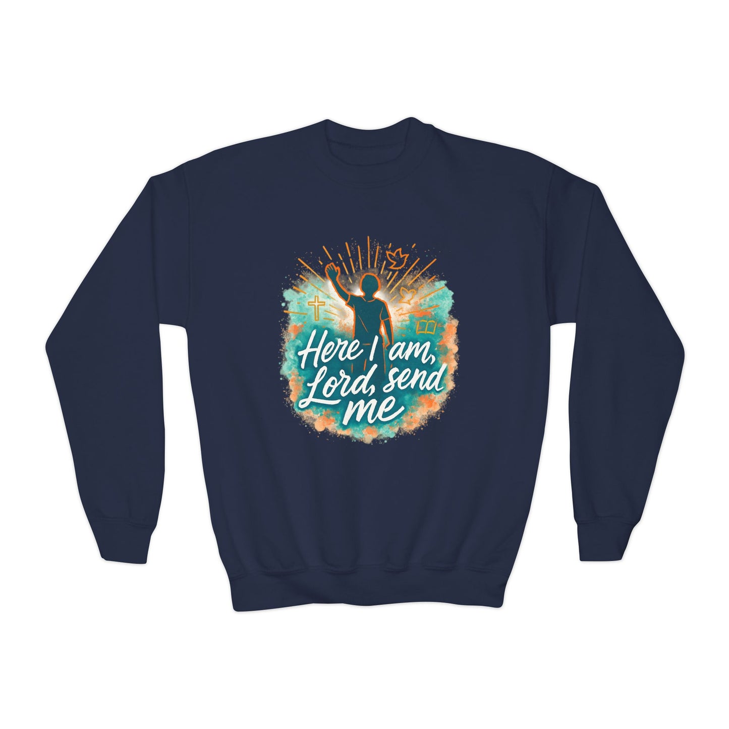 Youth Crewneck Sweatshirt: Here I am Lord Send Me, Christian Apparel, Faith-Based Gift, Religious Youth Wear, Inspirational Sweatshirt