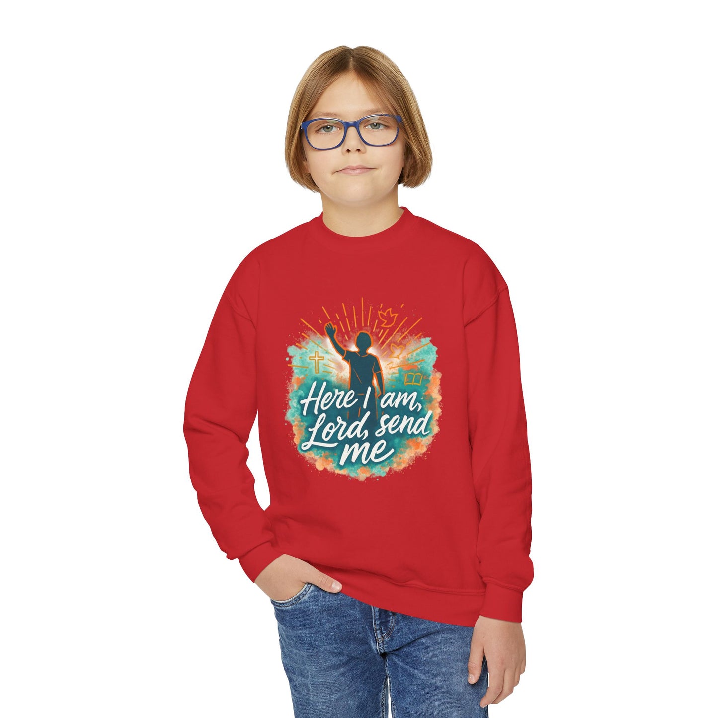 Youth Crewneck Sweatshirt: Here I am Lord Send Me, Christian Apparel, Faith-Based Gift, Religious Youth Wear, Inspirational Sweatshirt