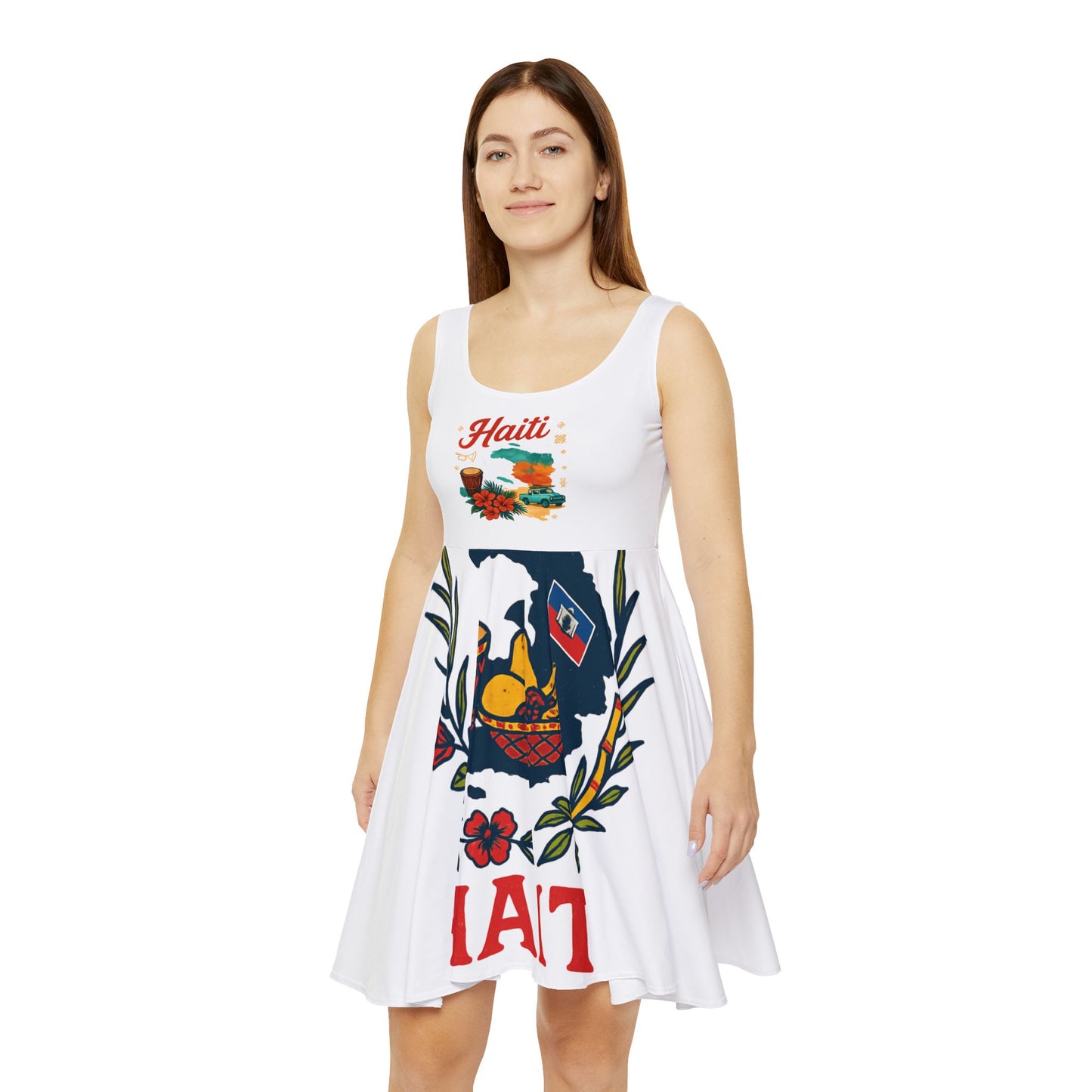 Haitian Floral Skater Dress, Vibrant Summer Dress, Women's Casual Dress, Vacation Outfit, Beachwear, Festival Clothing