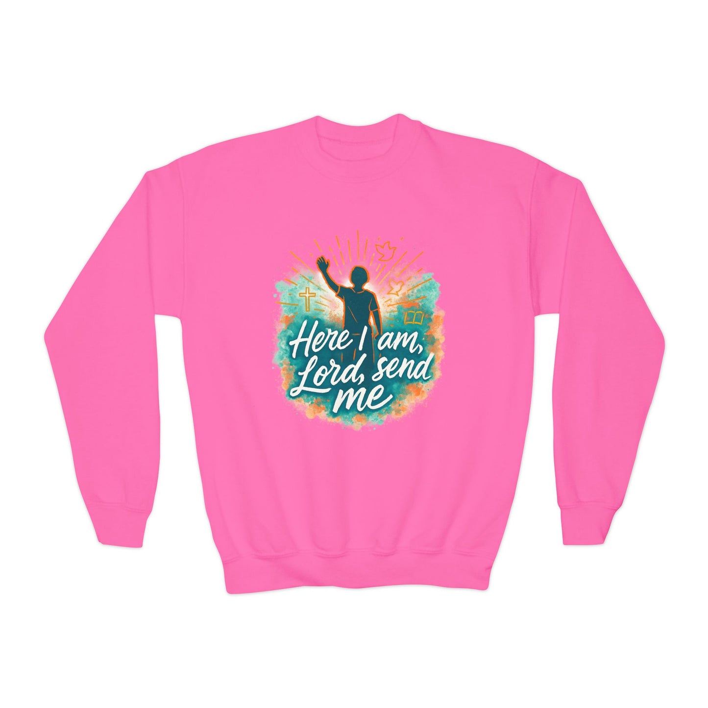 Youth Crewneck Sweatshirt: Here I am Lord Send Me, Christian Apparel, Faith-Based Gift, Religious Youth Wear, Inspirational Sweatshirt