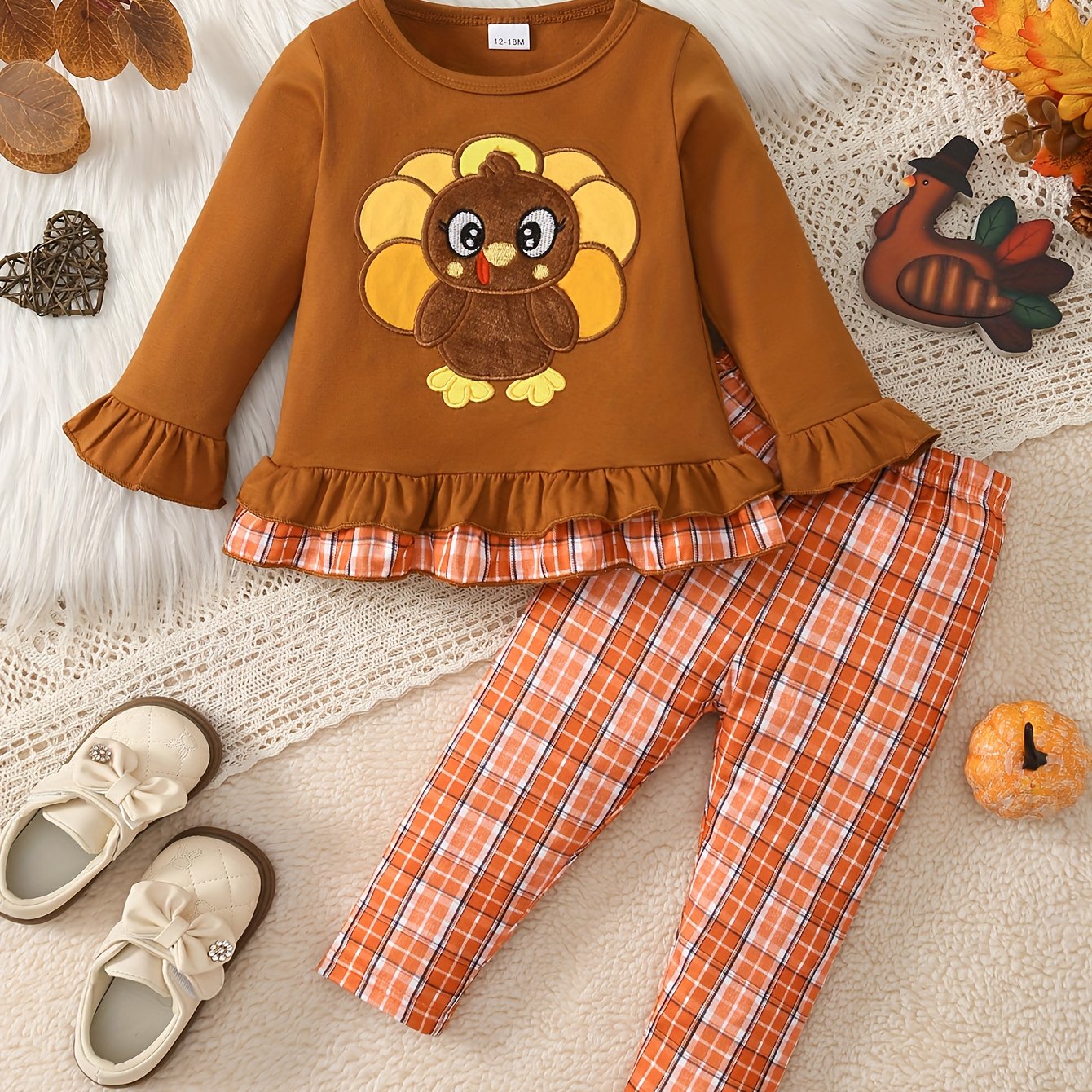 🦃 Baby Girl's 2-Piece Thanksgiving Outfit: Cute Turkey Top and Checkered Pants Set (Perfect for Holiday Wear)