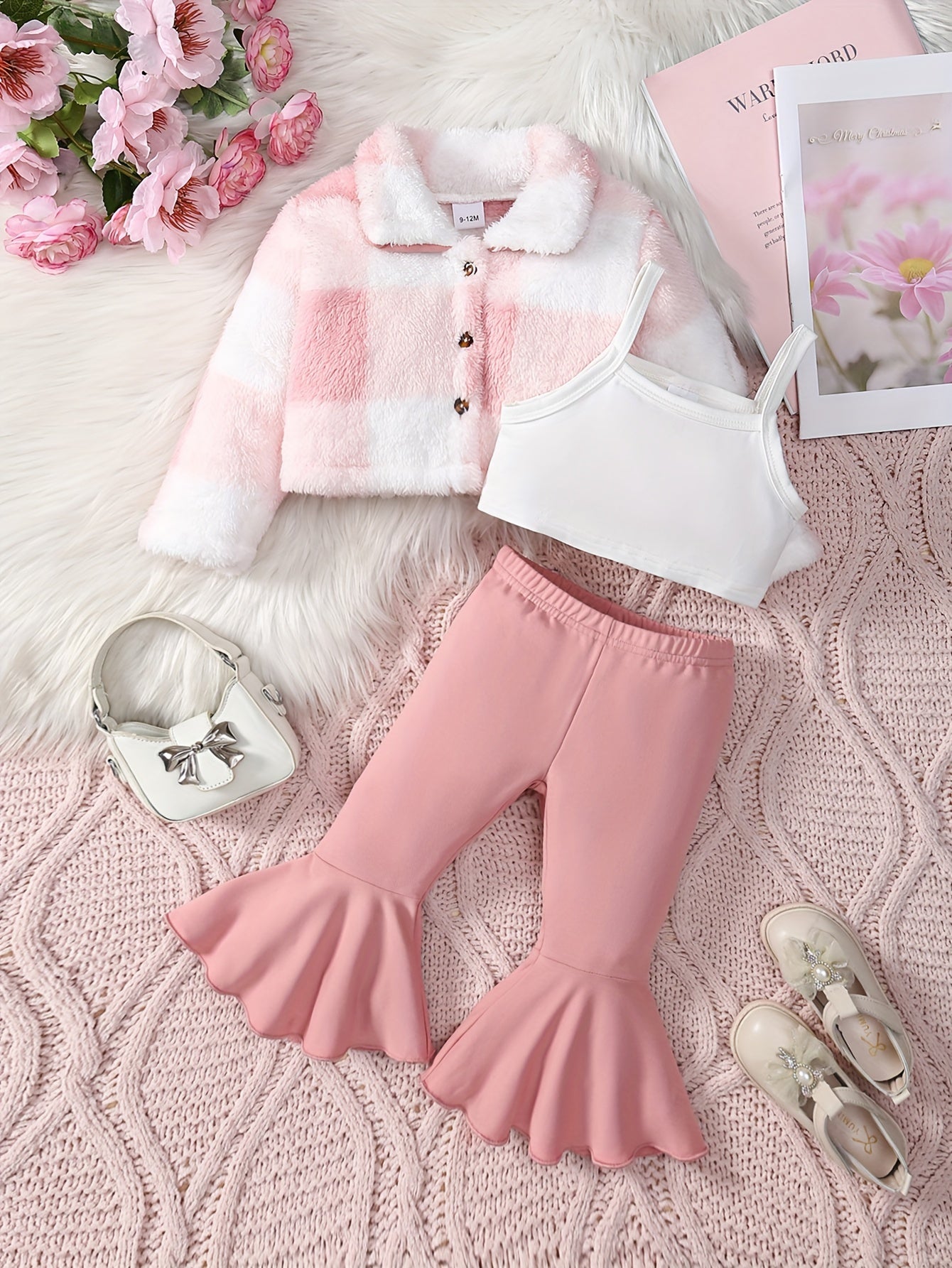 3pc Baby's Fuzzy Plaid Jacket & Bell-Bottom Set