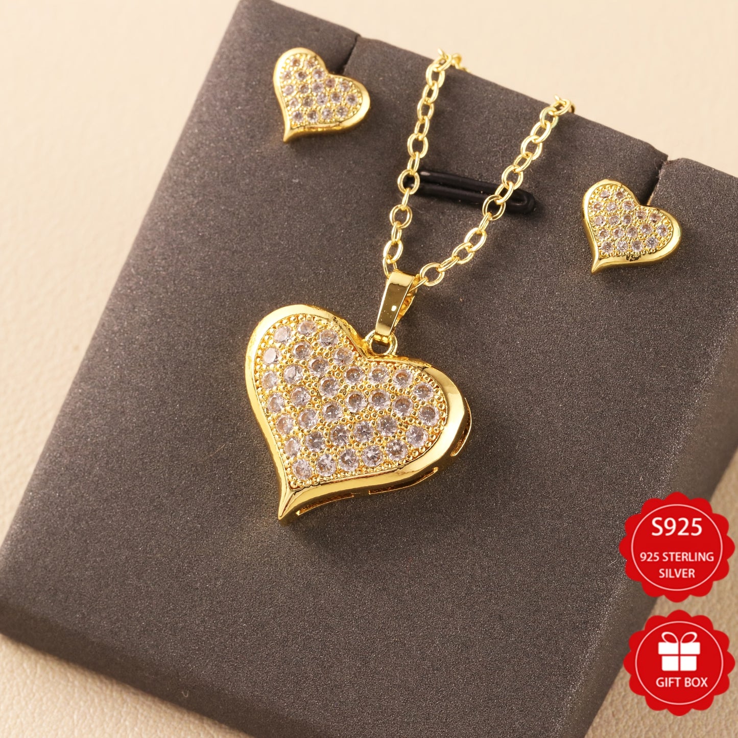 💎 925 Sterling Silver & 5A Zirconia Jewelry Set: Luxury Love Earrings and Carved Pendant Necklace Gift for Her