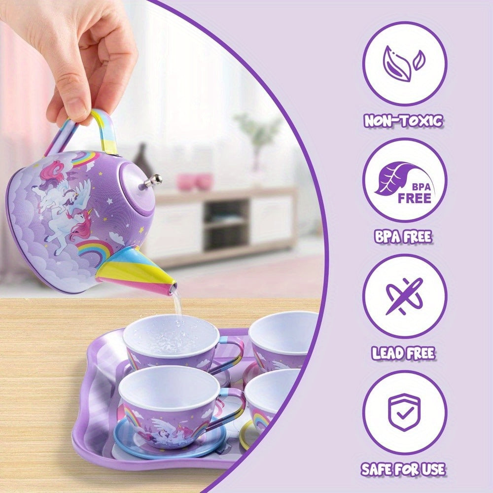 🦄 Unicorn Princess Tea Party Set: Purple Tin Teapot, Cups, and Plates - Pretend Play Kitchen Toys (Perfect Birthday/Christmas Gift for Little Girls)