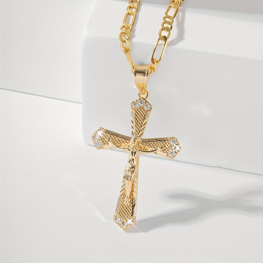 14K Gold Plated Cross Pendant Necklace (Copper Base) - Durable Jesus Christ Medallion for Daily Wear