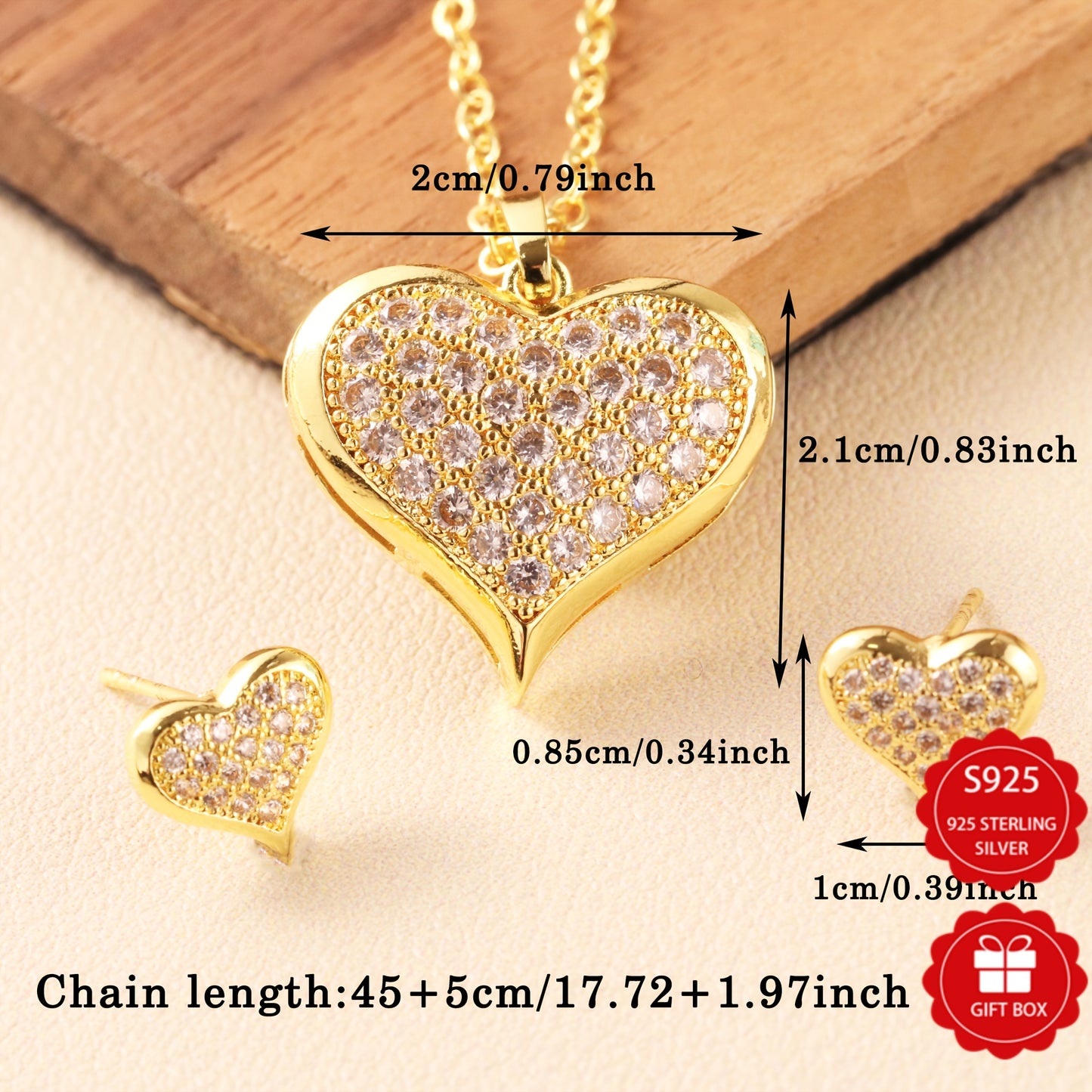 💎 925 Sterling Silver & 5A Zirconia Jewelry Set: Luxury Love Earrings and Carved Pendant Necklace Gift for Her