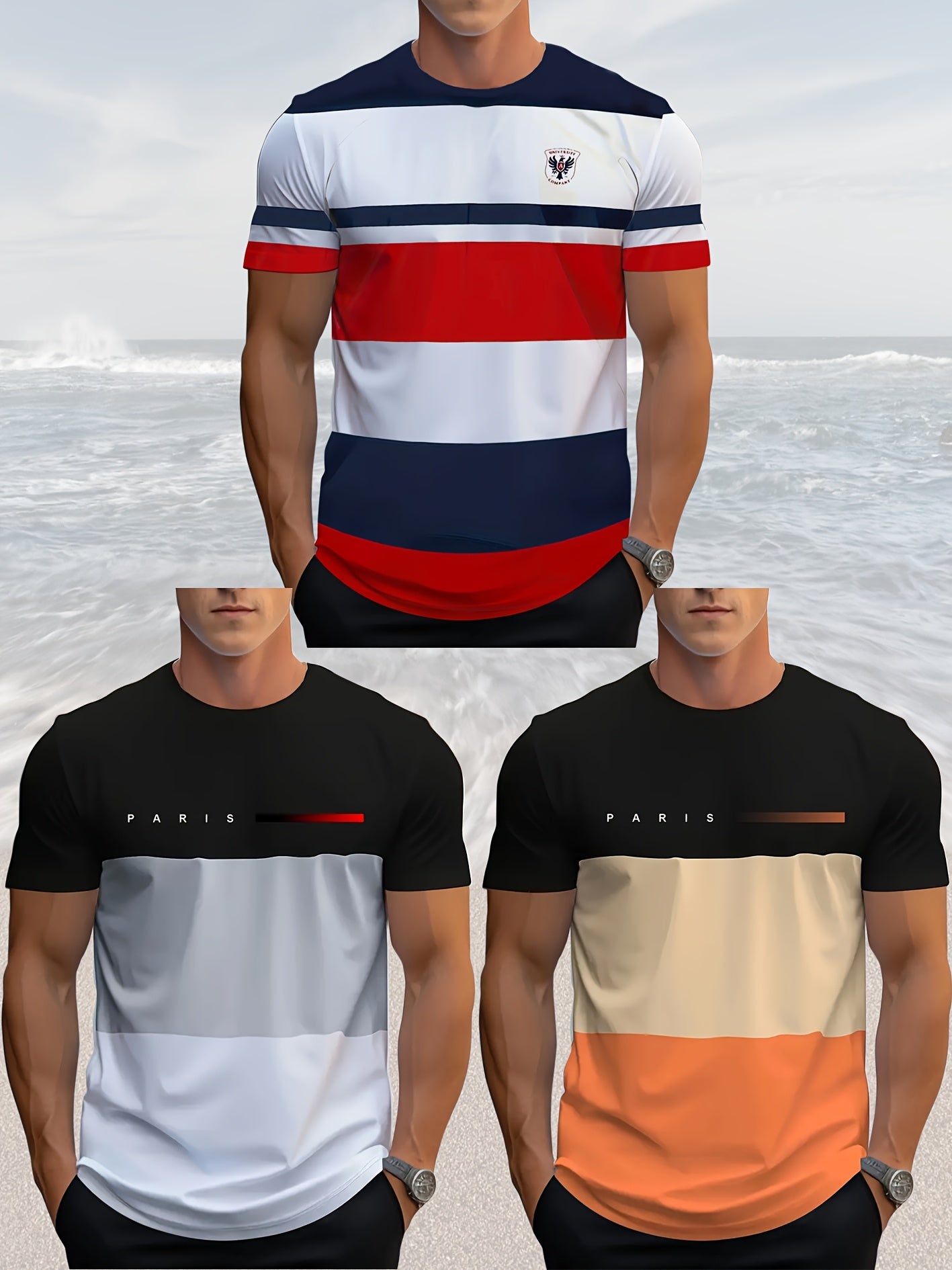 Set of 3 Men'S Stylish Striped Combination T-Shirts
