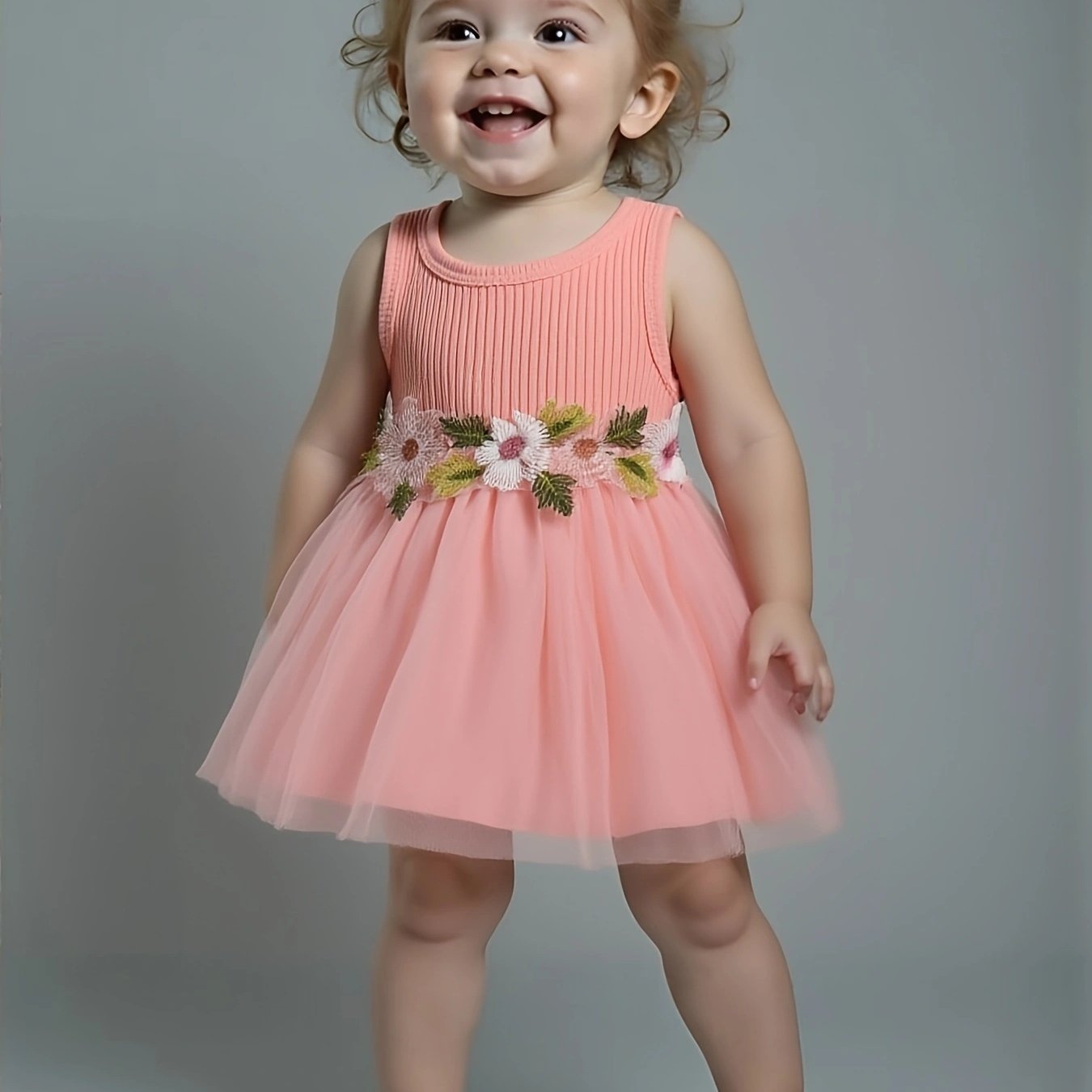 ☀️ Infant & Toddler Girl's Summer Vest Dress: Floral Waist Decor, Round Neck Casual Style