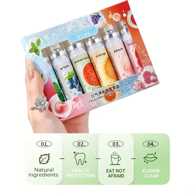 🍑 6 Pcs Fresh Breath Spray Set - Alcohol-Free & Sugar-Free Mouth Freshener (Multi-Flavor Pack)