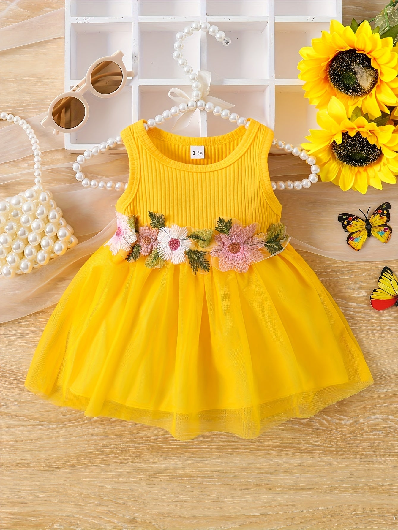☀️ Infant & Toddler Girl's Summer Vest Dress: Floral Waist Decor, Round Neck Casual Style
