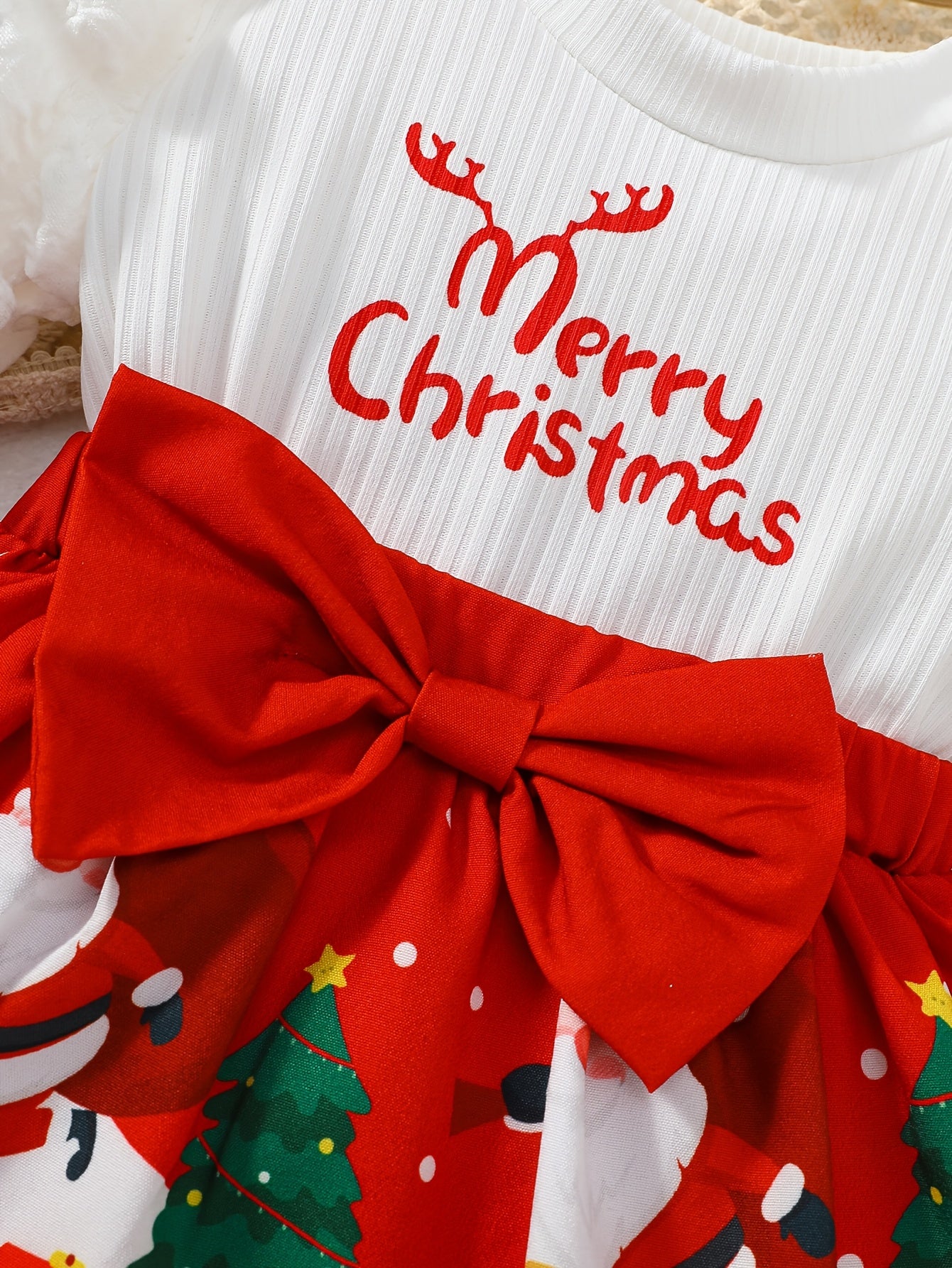 🎄 Christmas Baby Girl's 3-Piece Outfit: Santa Print Romper Dress, Headscarf & Socks Set (Long Sleeve, Round Neck, Lantern Sleeves)