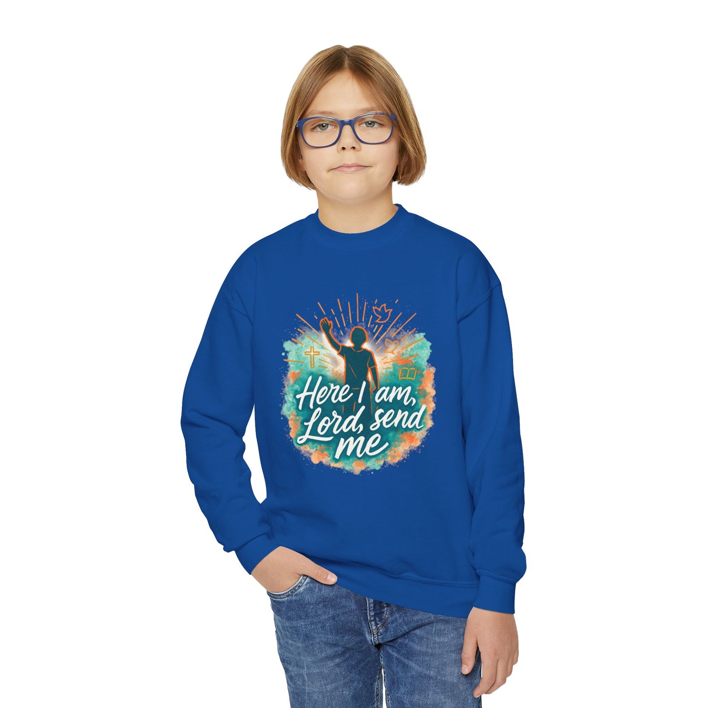 Youth Crewneck Sweatshirt: Here I am Lord Send Me, Christian Apparel, Faith-Based Gift, Religious Youth Wear, Inspirational Sweatshirt