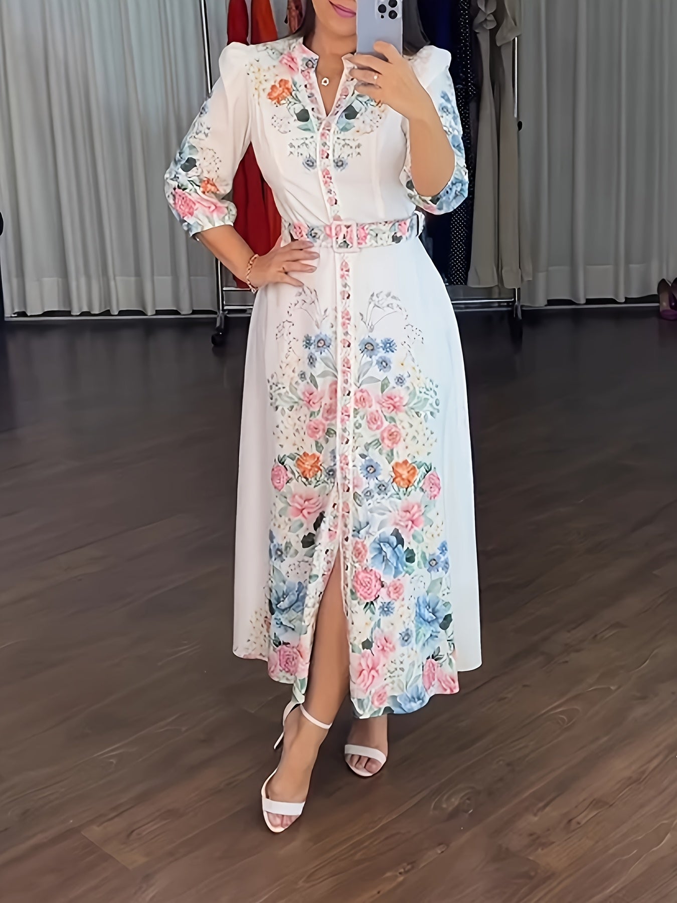 🌸 Elegant Floral Print Midi Dress: Belted Waist, Three-Quarter Sleeves (Lightweight Polyester, Spring/Fall Women's Fashion)