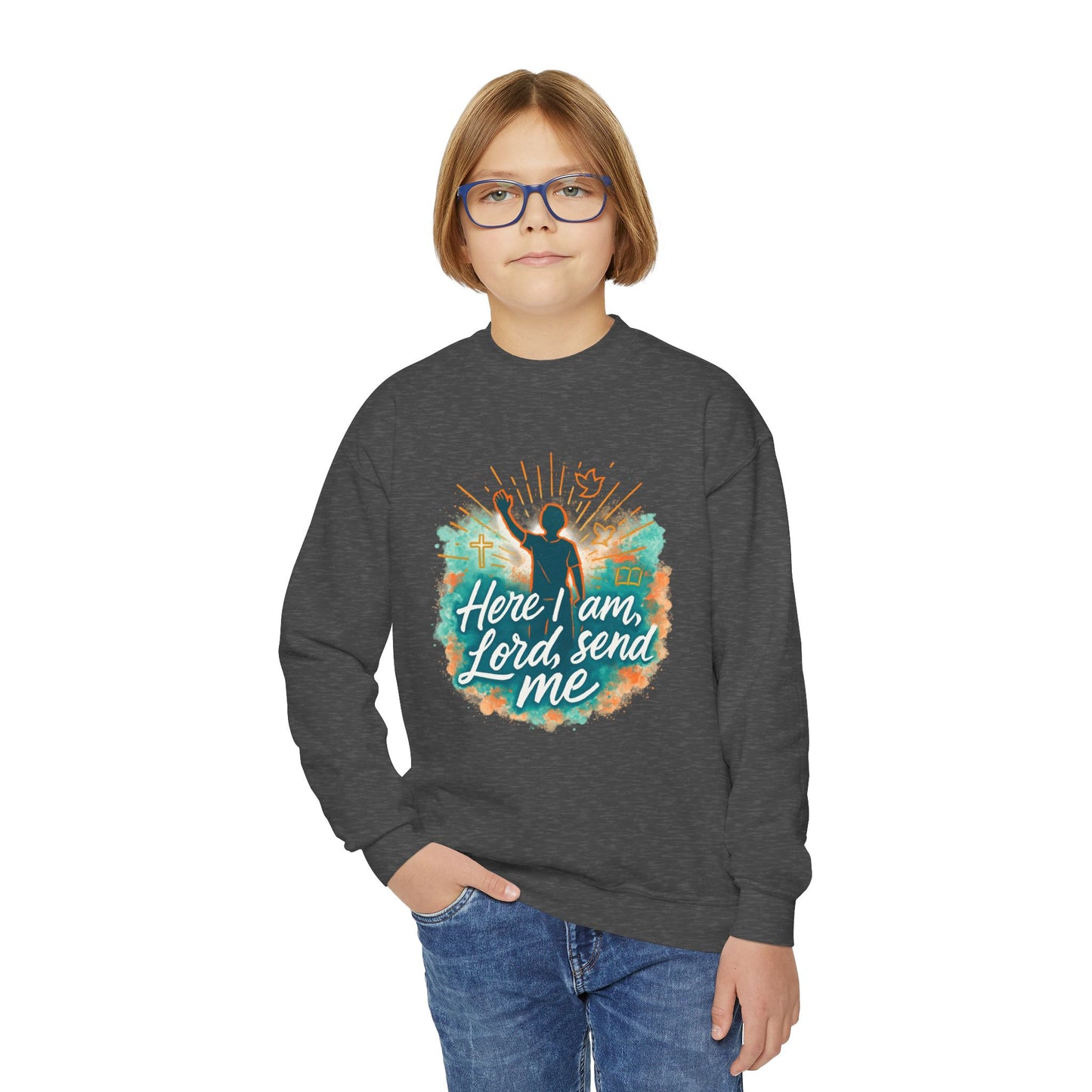 Youth Crewneck Sweatshirt: Here I am Lord Send Me, Christian Apparel, Faith-Based Gift, Religious Youth Wear, Inspirational Sweatshirt