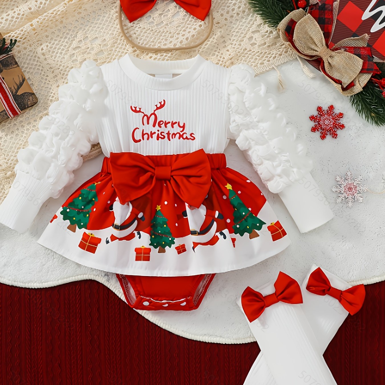 🎄 Christmas Baby Girl's 3-Piece Outfit: Santa Print Romper Dress, Headscarf & Socks Set (Long Sleeve, Round Neck, Lantern Sleeves)