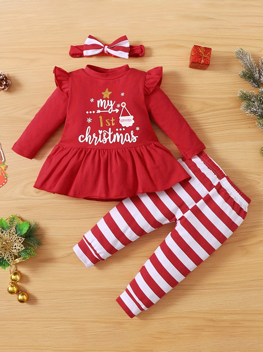 🎅 My 1st Christmas Baby Girl's Outfit: Ruffle Santa Claus Print Tunic Dress Shirt & Striped Pants Set