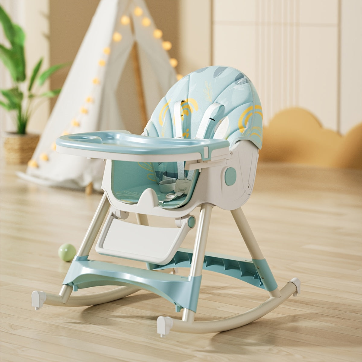 Portable Adjustable High Chair for Youngsters | Multi-Functional Booster Seat with 5-Point Harness & Tray | Blue & White PU Leather