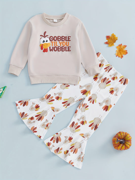 🦃 "Gobble Til You Wobble" Girls' Thanksgiving Outfit: Long Sleeve Turkey Print Sweatshirt & Flare Pants Set - Cozy Fall/Winter Clothes