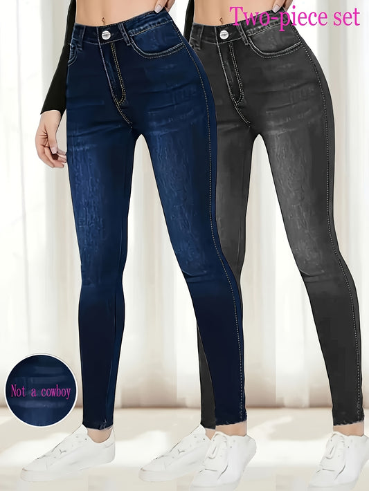 2-Piece Faux Denim Printed Leggings - Slim Fit Stretchy Pants