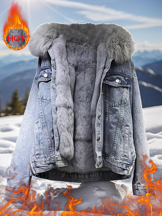 Women's Thickened -Lined Denim Jacket with Detachable Collar & Fringe Trim
