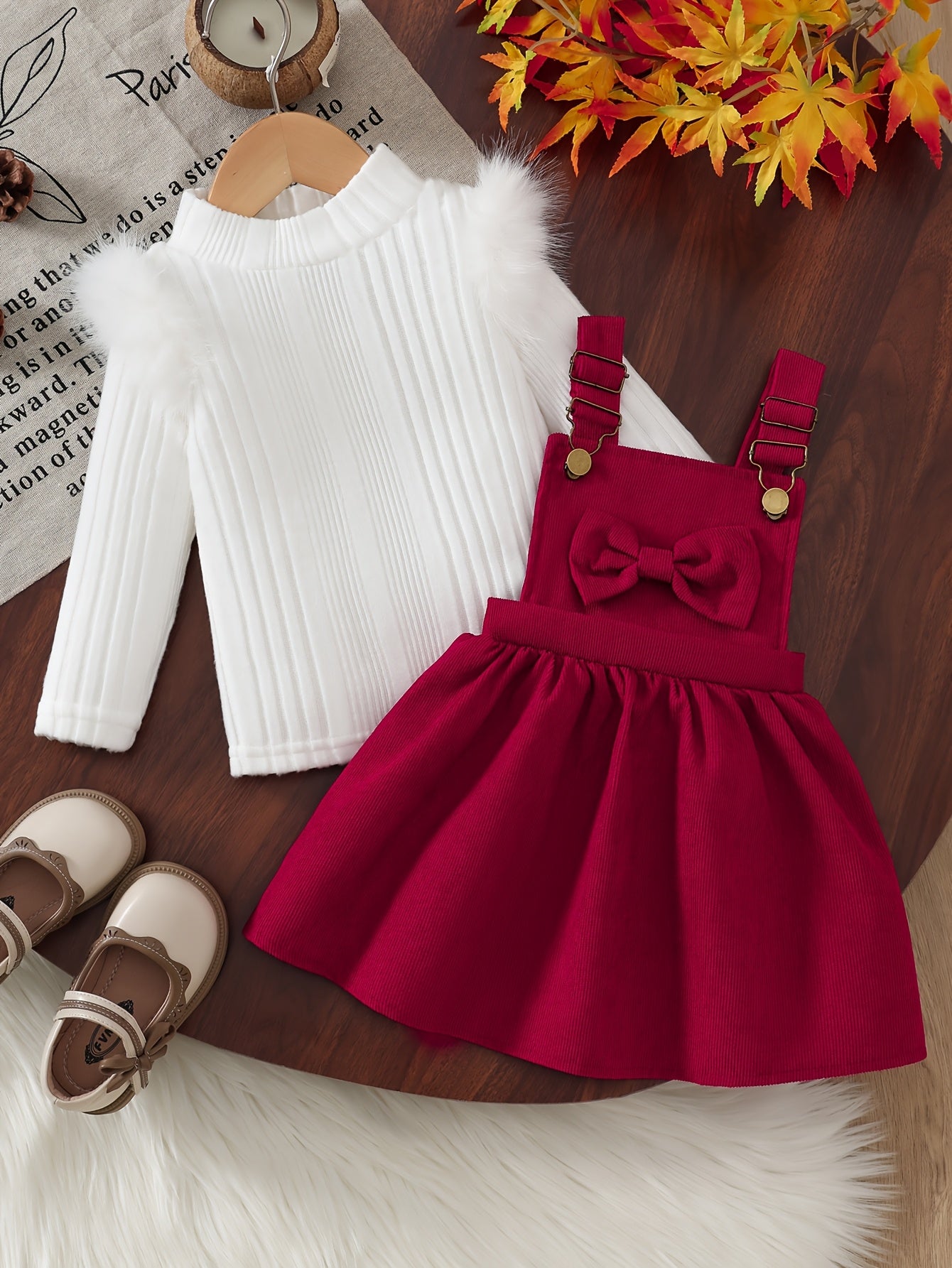 2pc Fluffy Sleeve Smock Dress Winter Set