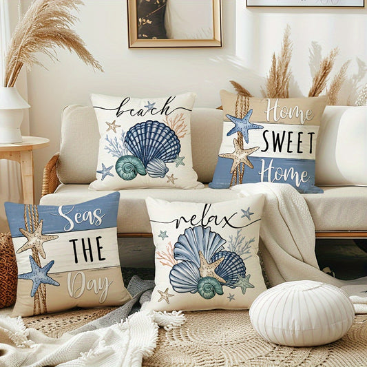 Nautical Coastal Throw Pillow Covers (Set of 4) – Blue & Turquoise Seashell Design