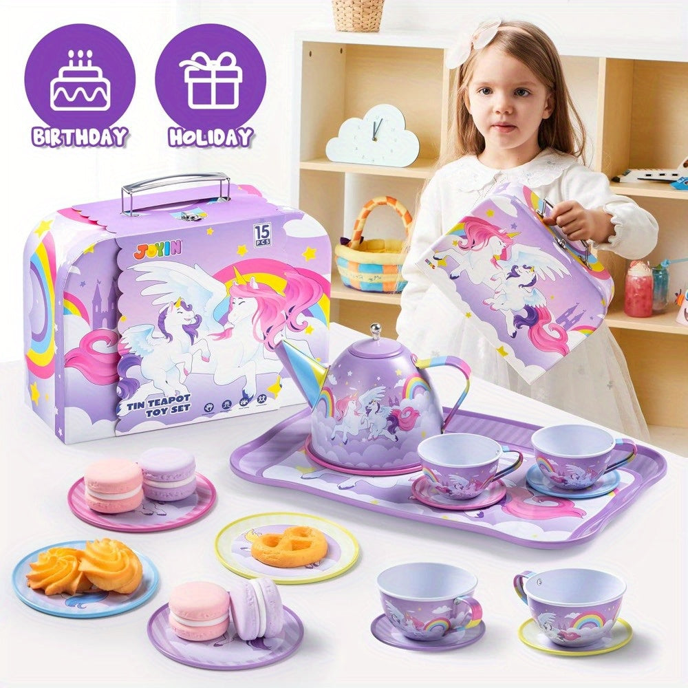 🦄 Unicorn Princess Tea Party Set: Purple Tin Teapot, Cups, and Plates - Pretend Play Kitchen Toys (Perfect Birthday/Christmas Gift for Little Girls)