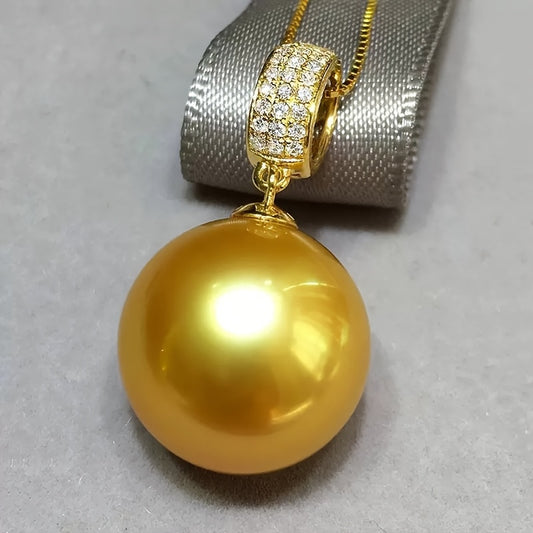 S925 Sterling Silver Gold Plated Necklace with 14mm Saltwater Cultured Golden Pearl Pendant | 18+2 Inch Chain | Women's Fine Jewelry