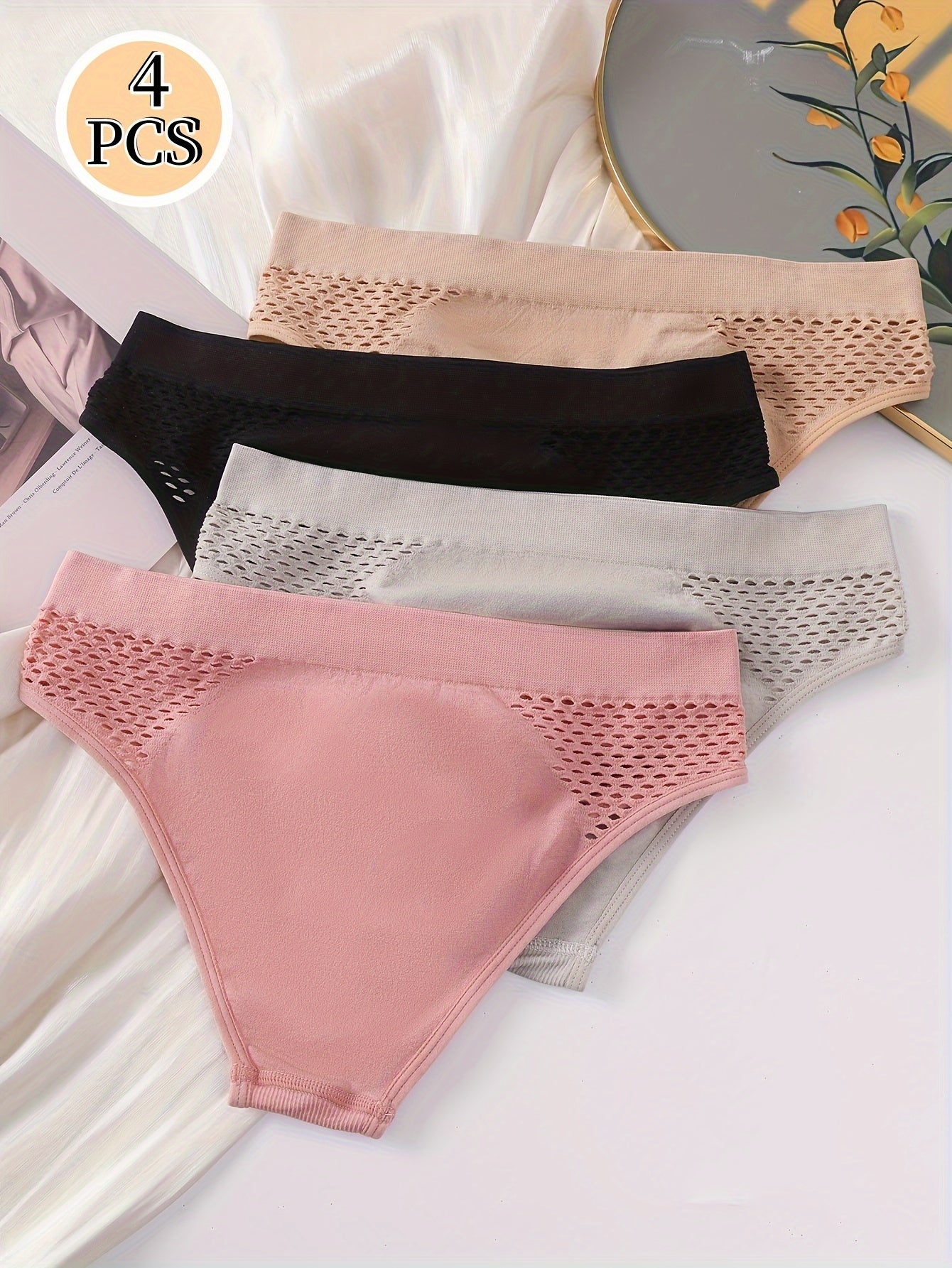 Set of 4 Mixed Color Low-Rise Women'S Underwear with a Hollow Design, Sporty Style, Seamless, Suitable for And, Featuring a Unique Triangle Cut.