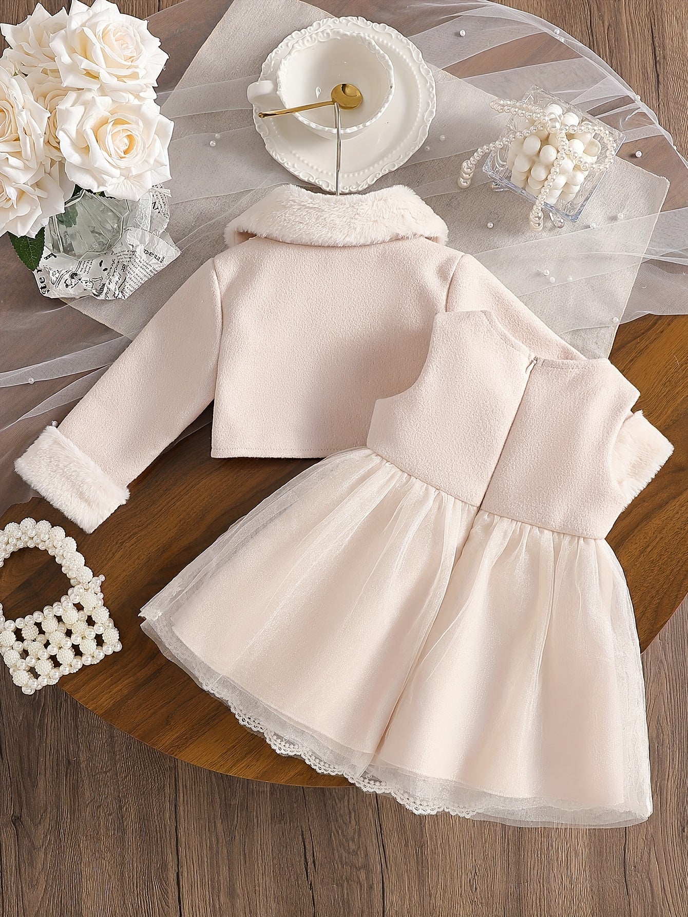 Princess Bow Dress & Warm Fur-Collar Coat Set
